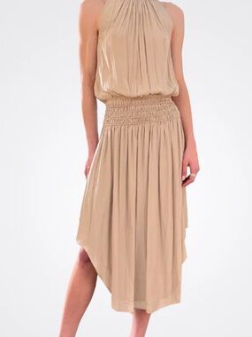 Ramy Brook Beige Asymmetrical Smocked-Waist Midi Dress